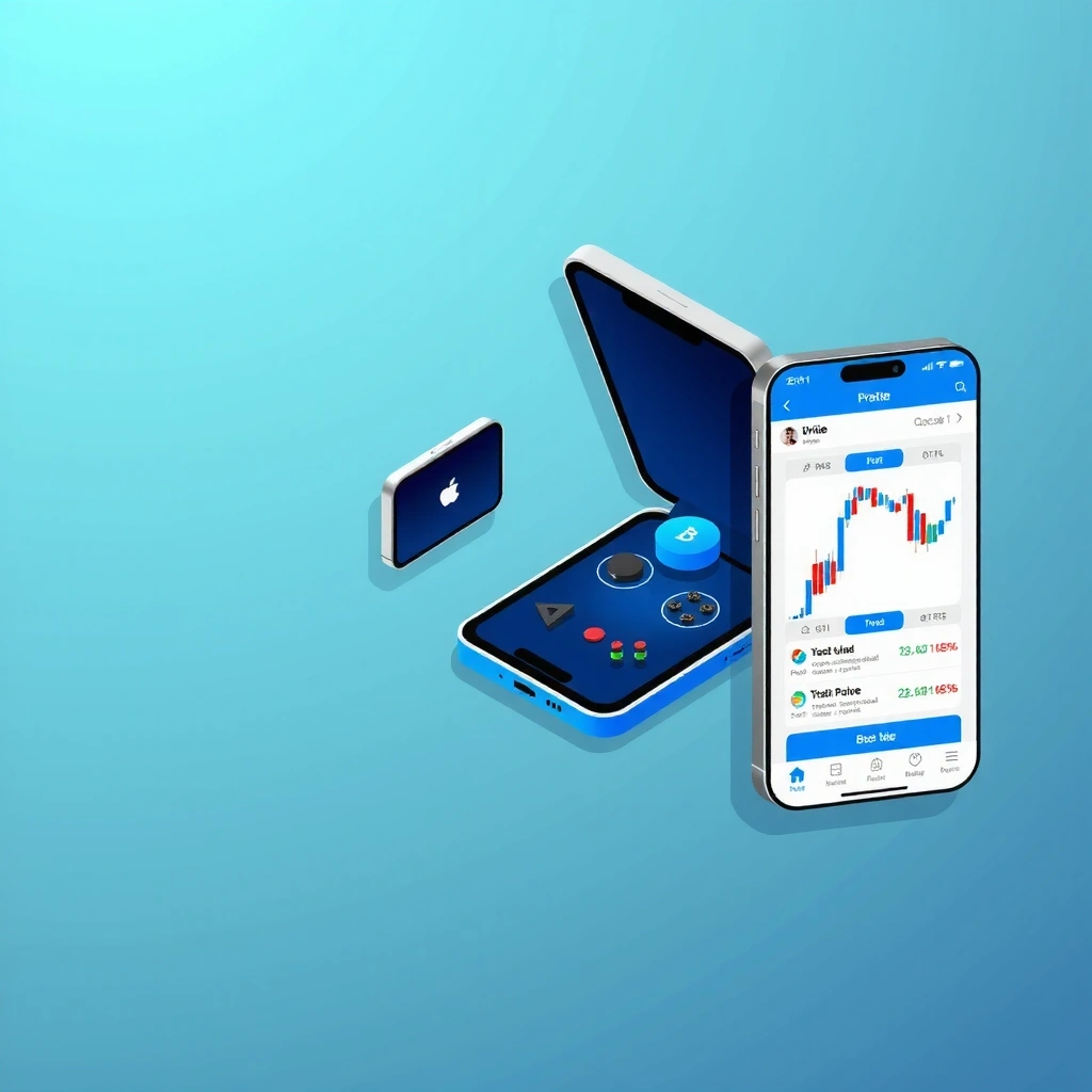 Hero background showing mobile games and trading charts